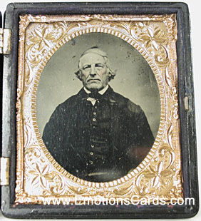 Image depicts a white-bearded Sam Wilson in button-up black vest and cost. His cheeks have been tinted pink. This is the only known photographic image in existence of the official progenitor of America's national symbol of 'Uncle Sam'.